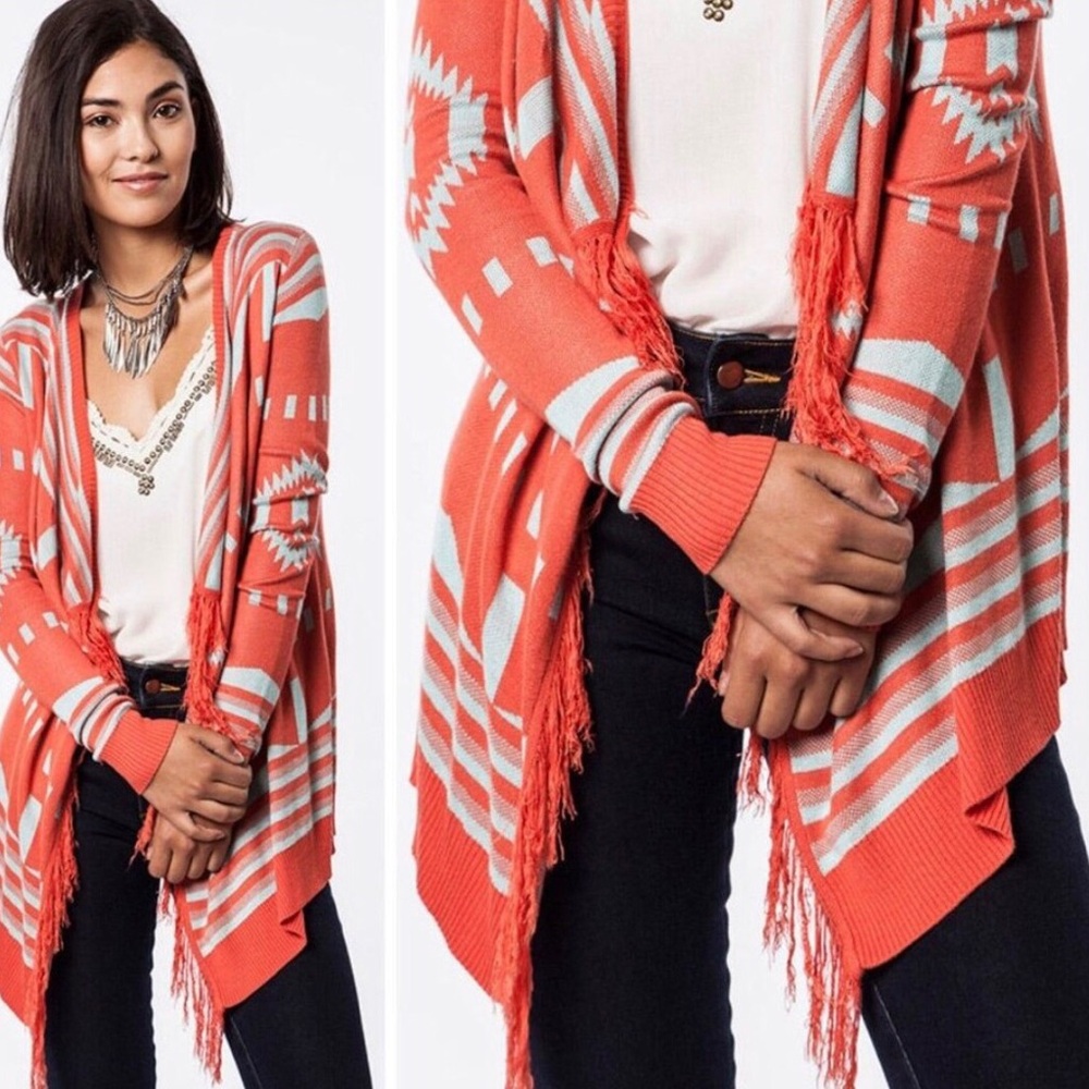 UMGEE‎ Open Front Cardigan Small Aztec Orange Blue Southwestern Fringe Duster